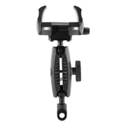 The RoadVise® Ultra Motorcycle Handlebar Mirror Pinch Bolt Stem Phone and Tablet Mount, shown against a white background, features an adjustable black bracket with clamp and jointed arm with tightening knobs—perfect for handlebar use.