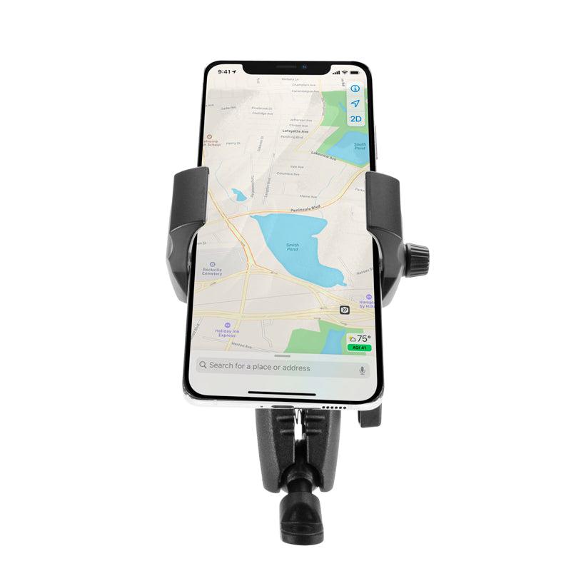 A smartphone displaying a map is secured upright in a black RoadVise® Ultra Motorcycle Handlebar Mirror Pinch Bolt Stem Phone and Tablet Mount with side grips and a tightening knob, set against a white background.