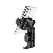 A smartphone is secured in the black adjustable RoadVise® Ultra Motorcycle Handlebar Mirror Pinch Bolt Stem Phone and Tablet Mount, which features a clamp and rotating joint to hold devices firmly in place while riding.