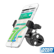 A smartphone is mounted on the RoadVise® Ultra Phone and Tablet Clamp Post Mount for Handlebars and Posts, displaying a GPS map. The black device holder clamps securely onto a handlebar, with the Arkon Mounts logo in the corner.