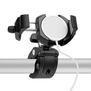 The RoadVise® Ultra Phone and Tablet Clamp Post Mount for Handlebars and Posts securely attaches to metal bars, features an adjustable grip, a rotating mechanism for flexible positioning, and holds your device with a charging cable.
