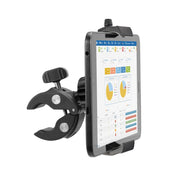 A tablet is held securely in the RoadVise® Ultra Phone and Tablet Clamp Post Mount for Handlebars and Posts, displaying colorful charts and graphs as its attached steadily to a surface.
