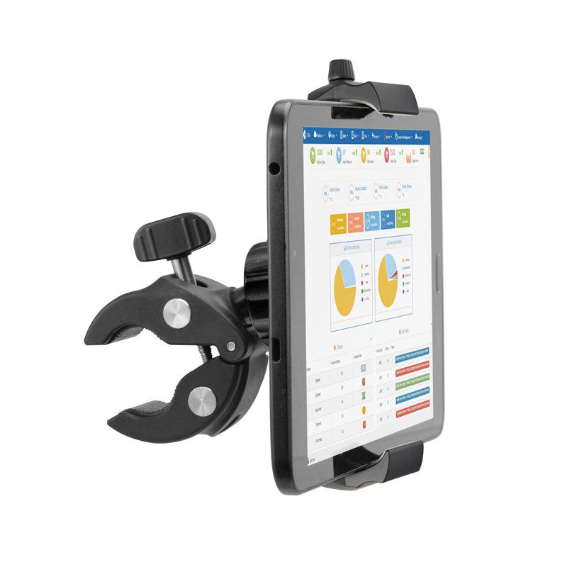 A tablet is held securely in the RoadVise® Ultra Phone and Tablet Clamp Post Mount for Handlebars and Posts, displaying colorful charts and graphs as its attached steadily to a surface.