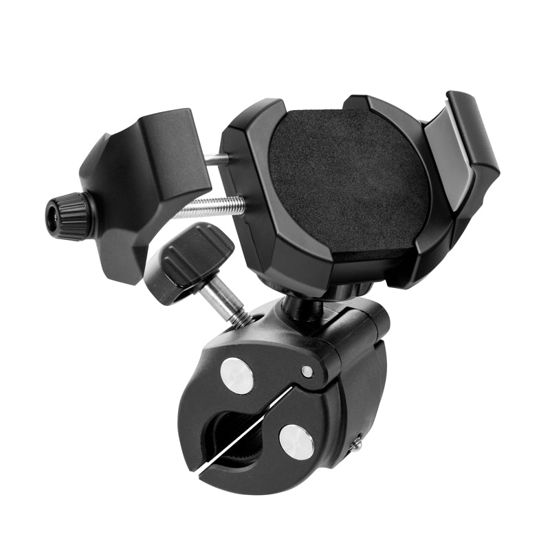 The RoadVise® Ultra Phone and Tablet Clamp Post Mount securely attaches to handlebars or posts, featuring adjustable knobs and a padded clamp for phones and tablets.