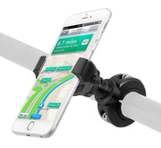 A smartphone is secured in a RoadVise® Ultra Holder with Aluminum Handlebar Mount, attached to a handlebar and displaying a GPS navigation map with directions.