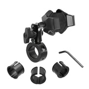 The RoadVise® Ultra Premium Aluminum Motorcycle Handlebar Phone and Tablet Mount with extension features a black adjustable clamp, three interchangeable spacers, and an Allen wrench—perfect as a bike holder, shown on a white background.