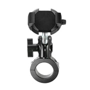 The RoadVise® Ultra Premium Aluminum Motorcycle Handlebar Phone and Tablet Mount with Extension, shown from the front in black and silver, features an adjustable phone holder against a white background.
