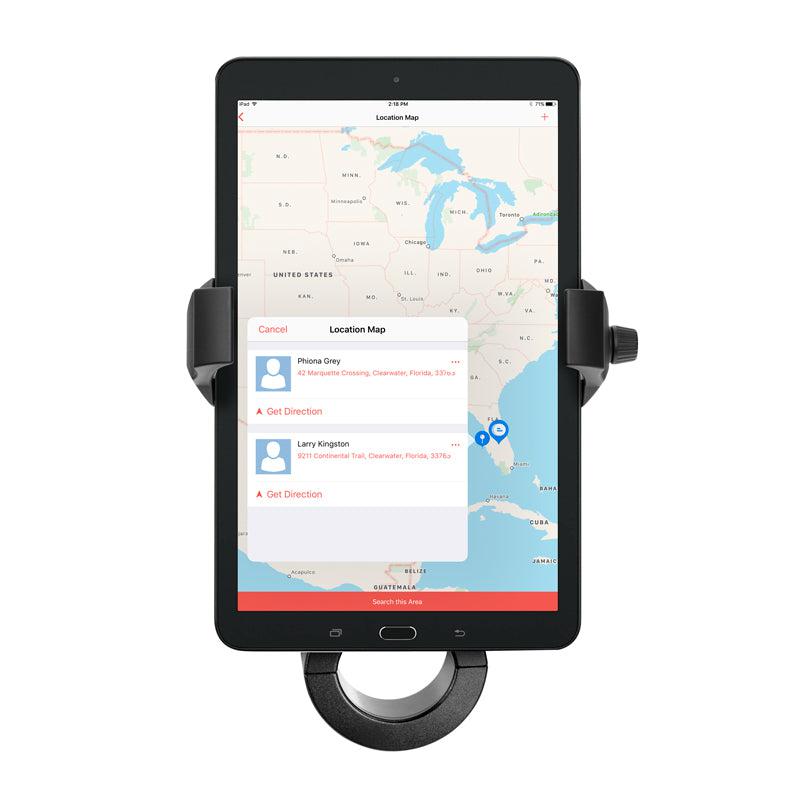 A tablet on the RoadVise® Ultra Premium Aluminum Motorcycle Handlebar Phone and Tablet Mount with Extension shows a map of the eastern U.S., displaying Florida contact locations with details and directions on screen.