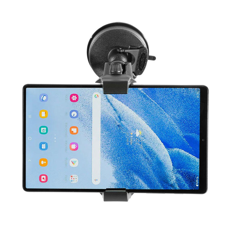 A tablet held horizontally in the RoadVise® Ultra Sticky Suction Phone or Tablet Mount displays a bright home screen with app icons on the left and a blue abstract wallpaper on the right.