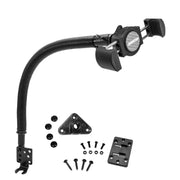 Flexible black mount with adjustable holder, multiple metal screws, two mounting plates, and small round parts arranged on a white background. The device shown is a RoadVise® XL Car Seat Rail or Floor Mount for electronics or tools.