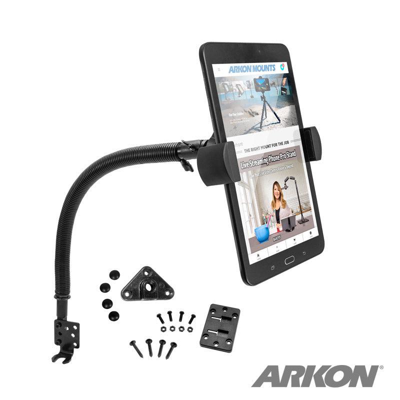The RoadVise® XL Car Seat Rail or Floor Mount features a black flexible gooseneck tablet holder with multiple mounting brackets and screws, shown holding a tablet next to the ARKON logo for versatile installation options.