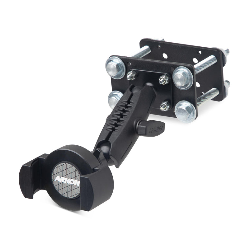 The RoadVise® XL Forklift Front Guard Phone and Midsize Tablet Mount is a black metal and plastic device with an adjustable arm, bolt-on installation, and visible Arkon logo, ideal for securely holding phones or midsize tablets in warehouses.