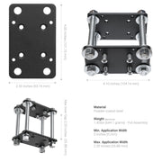 The RoadVise® XL Forklift Front Guard Phone and Midsize Tablet Mount features a powder-coated steel bracket with bolts, nuts, and plates, shown in top and side views with labeled dimensions—perfect for warehouse device or midsize tablet mounting.