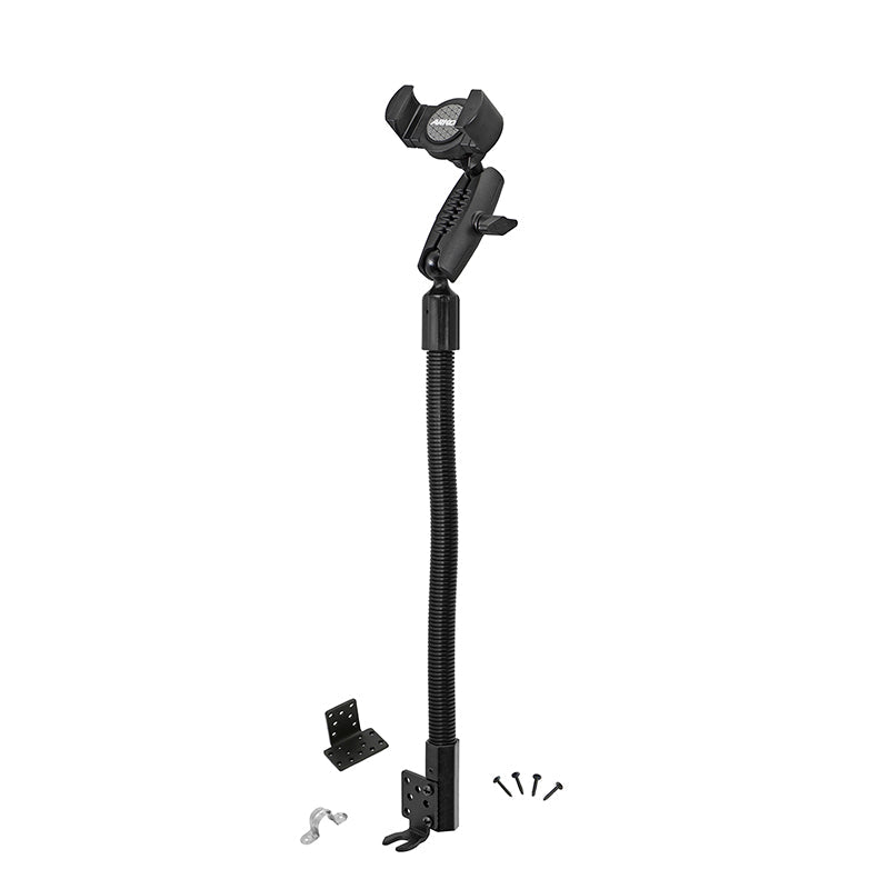 The RoadVise® XL Heavy-Duty Seat Rail or Floor Tablet or Phone Mount, in black, features a flexible arm, mounting bracket, screws, and hardware. The design resembles a seat rail phone holder and is shown on a white background.