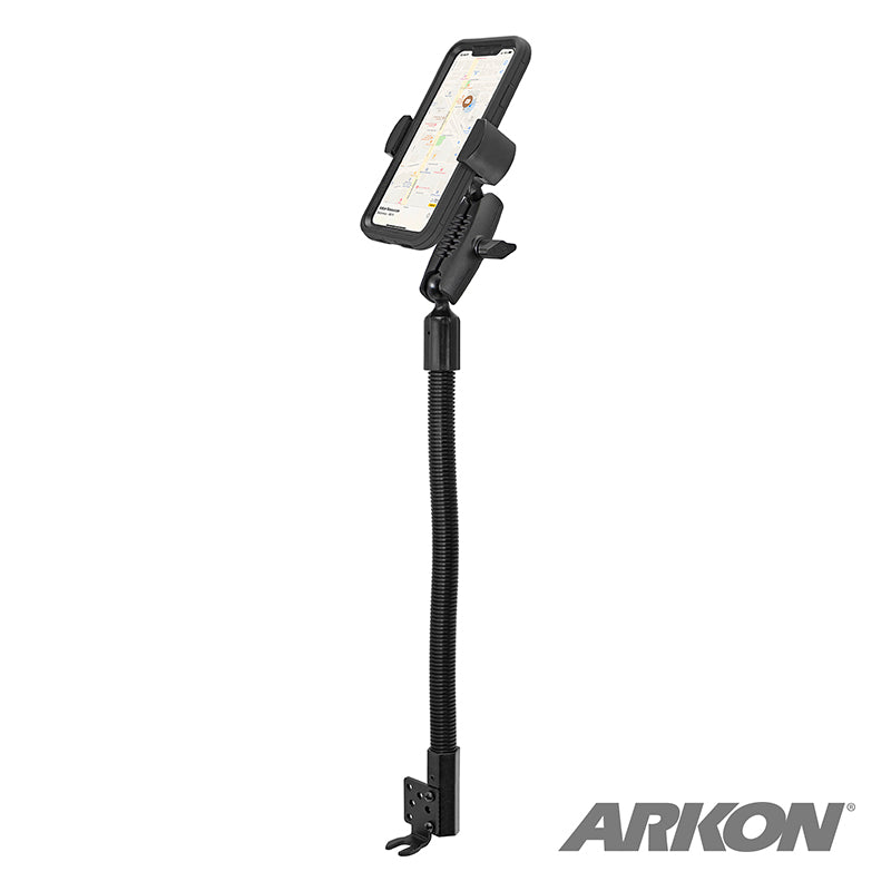 The RoadVise® XL Heavy-Duty Seat Rail or Floor Tablet or Phone Mount is a flexible black holder for your car, securely gripping your device with a clamp at the base. The ARKON logo appears in the bottom right corner, ideal for stable on-the-go navigation.