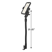 The RoadVise® XL Heavy-Duty Seat Rail or Floor Tablet or Phone Mount is a 21.25-inch black, adjustable gooseneck holder with clamp base—ideal for securely mounting your device in your car, whether it’s a phone displaying a map or a tablet.