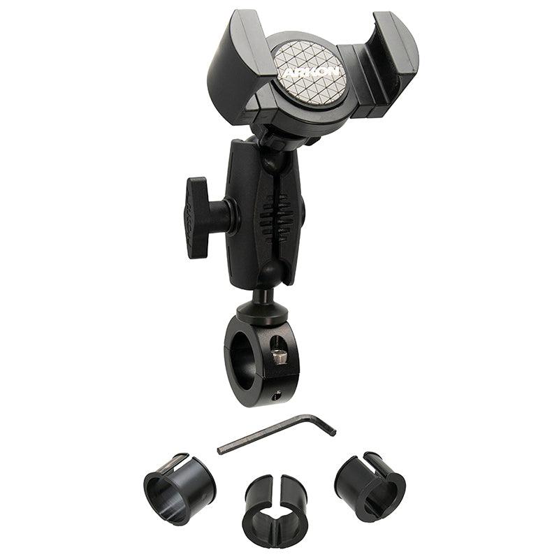 The RoadVise® XL Phone and Midsize Tablet Holder features an adjustable handlebar collar mount, a 2.75 shaft, rotating clamp, tightening knob, three spacer inserts, and an Allen wrench—all shown against a white background.