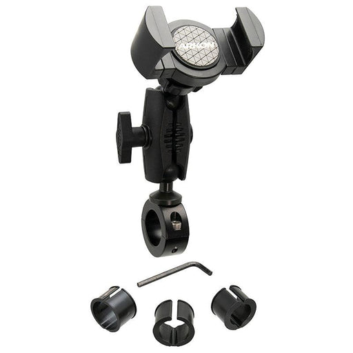 The RoadVise® XL Phone and Midsize Tablet Holder features an adjustable handlebar collar mount, a 2.75 shaft, rotating clamp, tightening knob, three spacer inserts, and an Allen wrench—all shown against a white background.
