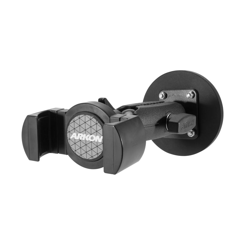 The RoadVise® XL Magnetic Mount securely holds phones or midsize tablets with adjustable grips. It features a magnetic base for forklifts and heavy-duty use, offering reliable mounting on flat surfaces like dashboards or windshields.
