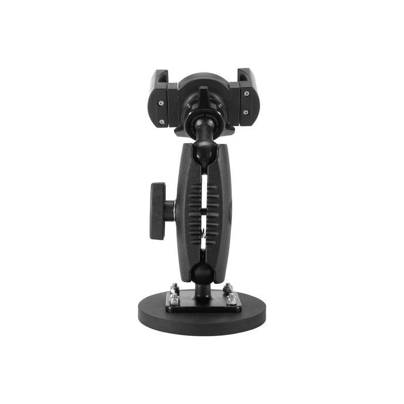 The RoadVise® XL Phone and Midsize Tablet Magnetic Mount is a black, adjustable bracket with a round, heavy-duty magnetic base, central rotating joint, and clamp for device security, shown front-facing against a white background.