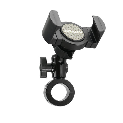 The RoadVise® XL Premium Aluminum Motorcycle Handlebar Mount securely holds phones and midsize tablets with its adjustable clamp base, flexible rotating joints, and features a circular Arkon logo, designed for handlebar attachment.