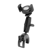 The RoadVise® XL Robust Clamp Mount with Phone Holder and Security Knob Shaft features a black and gray adjustable design, securely attaching phones to desks, handlebars, or poles—an ideal universal holder for versatile setups.