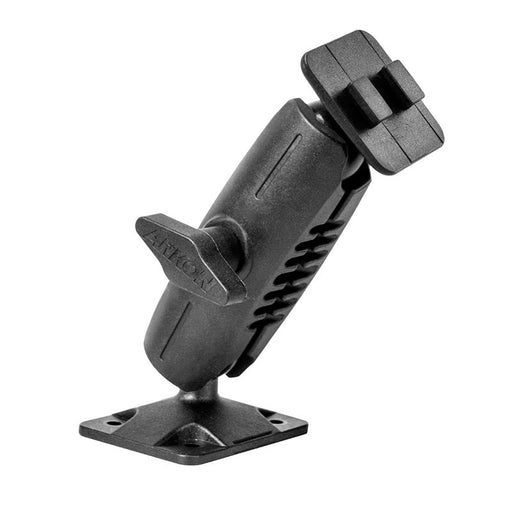 The Robust 4-Hole AMPS Mount - Dual-T Compatible is a black, heavy-duty mount with a base plate, central pivot arm, and top mounting platform designed to secure devices using the 4-Hole AMPS pattern.