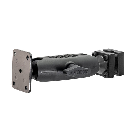The Robust Car Headrest Mount Pedestal with 4-Hole AMPS Head features a black adjustable arm, rectangular base, clamp attachment, and Arkon branding—ideal for AMPS-compatible device setups.