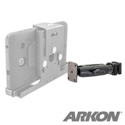 A black Robust Car Headrest Mount Pedestal with a 4-Hole AMPS Head is shown alongside a semi-transparent tablet holder and AMPS-compatible device, with the Arkon logo at the bottom right.
