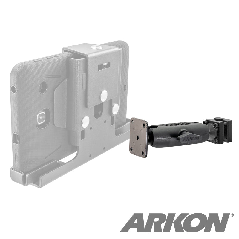 A black Robust Car Headrest Mount Pedestal with a 4-Hole AMPS Head is shown alongside a semi-transparent tablet holder and AMPS-compatible device, with the Arkon logo at the bottom right.