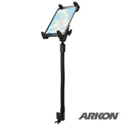 The Robust Car or Truck Seat Rail or Floor Slim-Grip® Tablet Mount for iPad, Note, and more features a flexible gooseneck and base clamp with adjustable grips, holding a tablet displaying a map. The ARKON logo marks this universal tablet holders versatility.