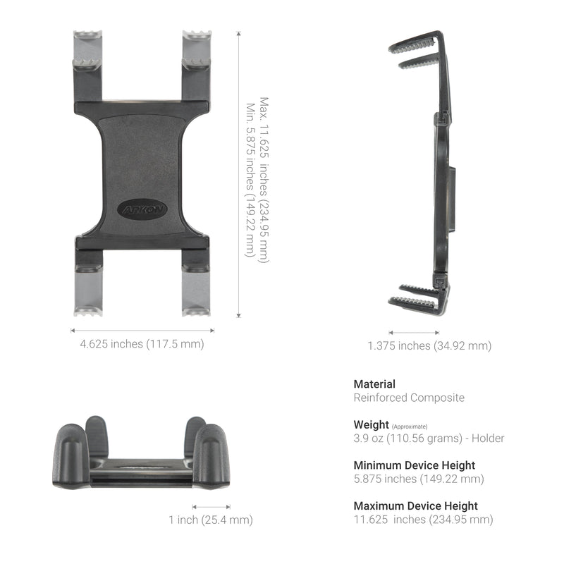 The Robust Car or Truck Seat Rail or Floor Slim-Grip® Tablet Mount for iPad, Note, and more features a black reinforced composite holder with grip pads. Shown from front, side, and bottom views. Height adjusts from 5.875 in (149.22 mm) to 11.625 in (295.46 mm).
