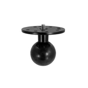 The Robust Circular Metal 38mm (1.5 inch) Ball to 1/4-20 Camera Bolt Adapter features a black flat metal top with multiple holes and a central screw, mounted on a round base—ideal as a versatile camera mounting adapter, shown on a white background.