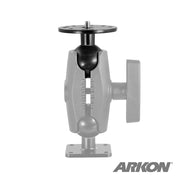 The Robust Circular Metal 38mm (1.5 inch) Ball to 1/4-20 Camera Bolt Adapter features a metal mounting bracket with an adjustable ball joint and screw plate for device attachment. The ARKON logo is shown in the bottom right corner.