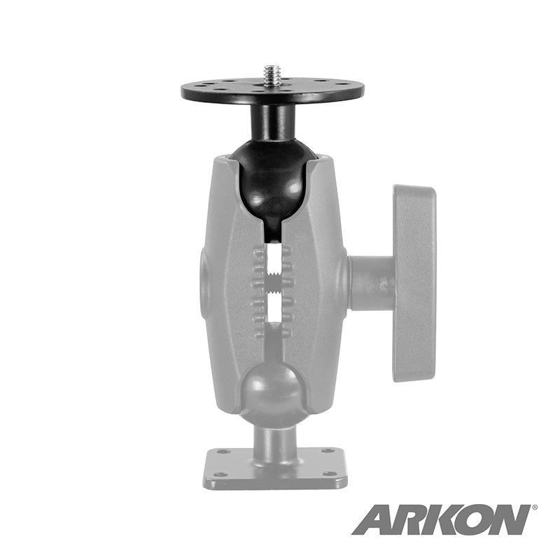 The Robust Circular Metal 38mm (1.5 inch) Ball to 1/4-20 Camera Bolt Adapter features a metal mounting bracket with an adjustable ball joint and screw plate for device attachment. The ARKON logo is shown in the bottom right corner.