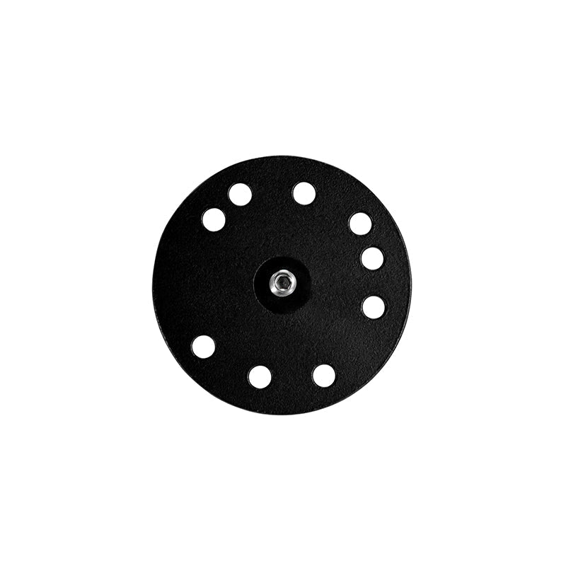 A Robust Circular Metal 38mm (1.5 inch) Ball to 1/4-20 Camera Bolt Adapter, black with a central hole and eight edge holes, is shown from above on a white background.