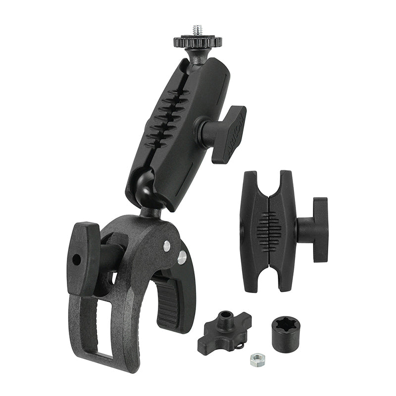 The Robust Clamp Camera Mount with Security Knob in black features an articulated arm and adjustable clamp, shown both assembled and disassembled with detachable parts and hardware on a white background.