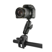 A DSLR camera is mounted on the Robust Clamp Camera Mount with Security Knob, securely attached to a horizontal metal pole and isolated on a white background.