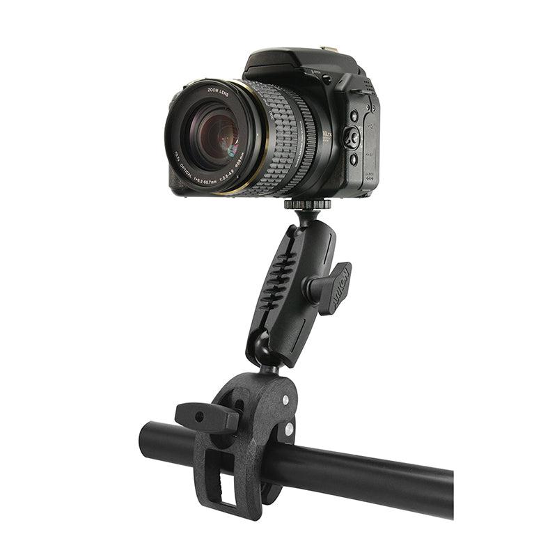 A DSLR camera is mounted on the Robust Clamp Camera Mount with Security Knob, securely attached to a horizontal metal pole and isolated on a white background.