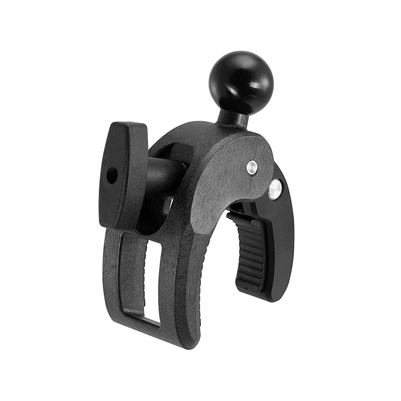 The Robust Clamp Mount with Security Knob - 25mm (1 inch) Compatible is a black and gray mount with an adjustable grip, textured handle, and secure knob for firmly attaching accessories to various surfaces.