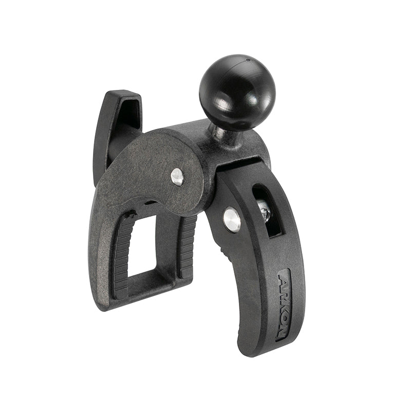 The Robust Clamp Mount with Security Knob - 25mm (1 inch) Compatible is a black plastic clamp with textured handles, two jaws, a visible spring, and a 25mm ball end on top, shown against a white background for secure accessory mounting.