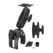 The Robust Clamp Mount with Security Knob is a black, adjustable mount featuring a rotating arm and 4-hole AMPS compatibility, designed to securely attach devices to surfaces like handlebars or poles for reliable support.