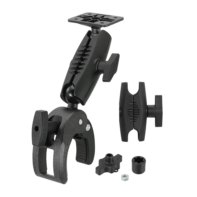 The Robust Clamp Mount with Security Knob is a black, adjustable mount featuring a rotating arm and 4-hole AMPS compatibility, designed to securely attach devices to surfaces like handlebars or poles for reliable support.