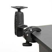The Robust Clamp Mount with Security Knob - 4-Hole AMPS Compatible attaches to a table edge and features an adjustable, swiveling arm, security knob, and a top mount plate for securely holding your device.