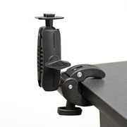 The Robust Clamp Mount with Security Knob - Dual T-Tab Compatible attaches to table edges, features a rotating arm and screw knobs for secure support, and is ideal for holding cameras, tablets, or serving as a motorbike GPS mount.