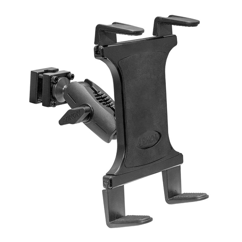 The Slim-Grip® Tablet Headrest Mount is a black adjustable tablet holder with padded grips and an adjustable arm. Its clamp mount attaches to car seats or desks, making it ideal for rear seat entertainment or versatile device use.