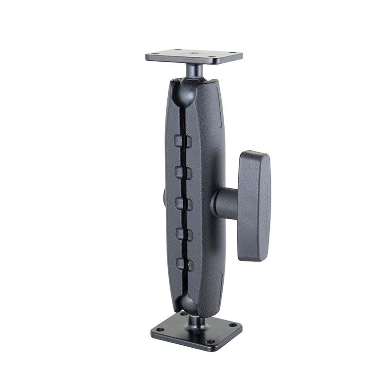 The Robust Heavy-Duty Metal AMPS Mount is a black adjustable bracket with two rectangular base plates, a central joint, and side knob for angle adjustment, designed for commercial device mounting and AMPS compatibility.