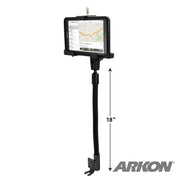 The LockVise™ Metal Locking Seat Rail Tablet Mount with 18 aluminum gooseneck and 3.75 shaft securely holds a tablet showing a map on a flat surface, with the ARKON logo visible in the bottom right corner.
