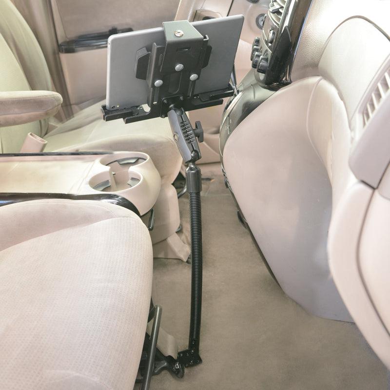The LockVise™ Metal Locking Seat Rail Tablet Mount with 18 aluminum gooseneck and 3.75 shaft attaches to the seat rail floor, featuring an adjustable stand to securely position a tablet for use by the front passenger.