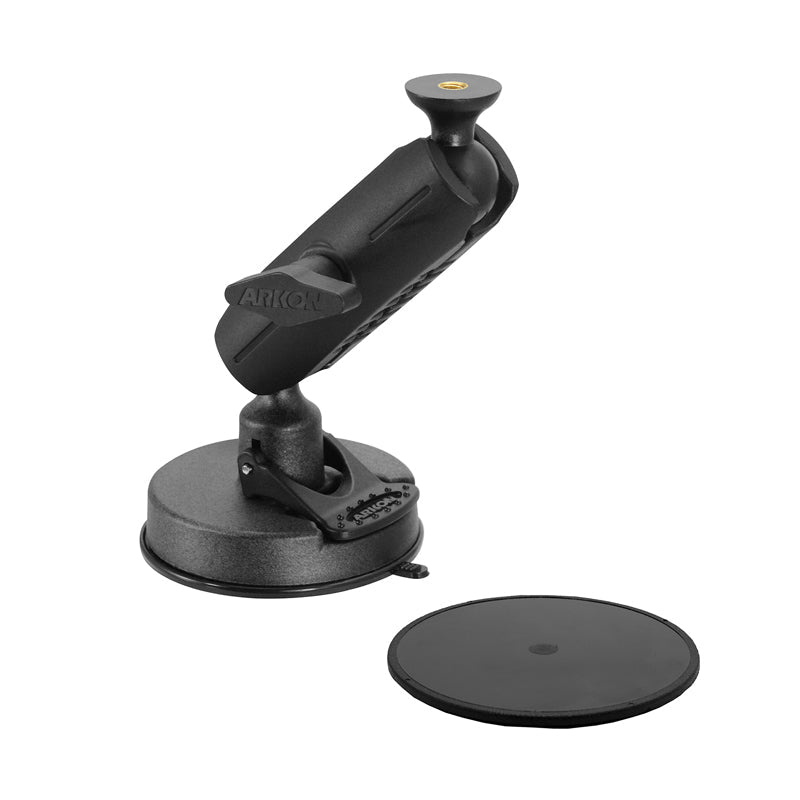 The Robust Heavy-Duty Windshield Suction Mount, compatible with 1/4-20 bolts, features an adjustable arm and twist knob. Shown on a white background next to a round adhesive disk.